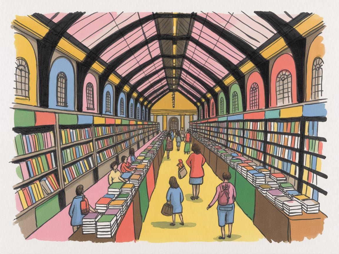 Colorful Watercolor Book Faire Illustration with Bold Lines