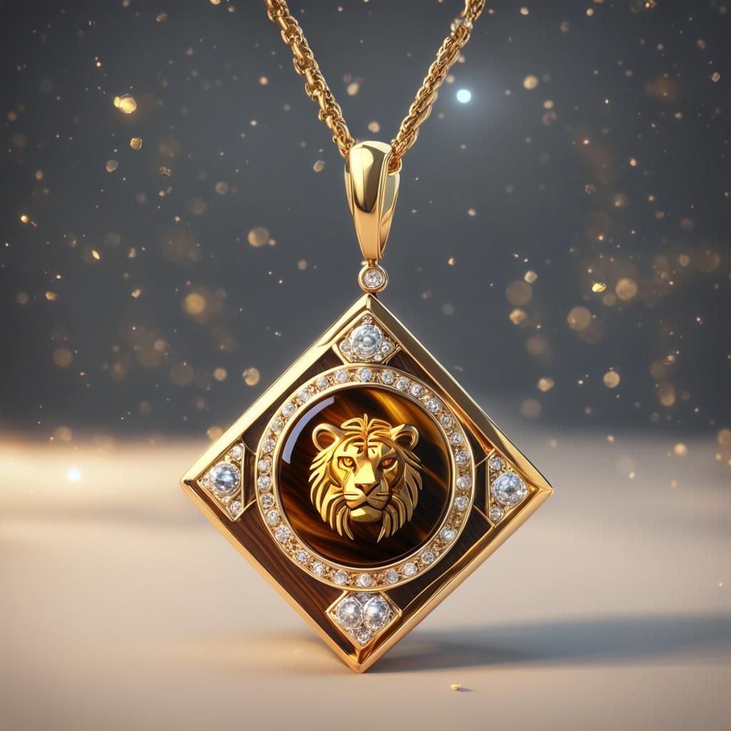 Leo Zodiac Tiger Eye Pendant with Diamond Halo