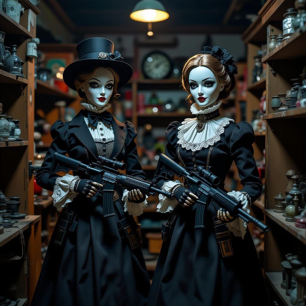 Gothic Mannequin Puppets in Dimly Lit Toyshop