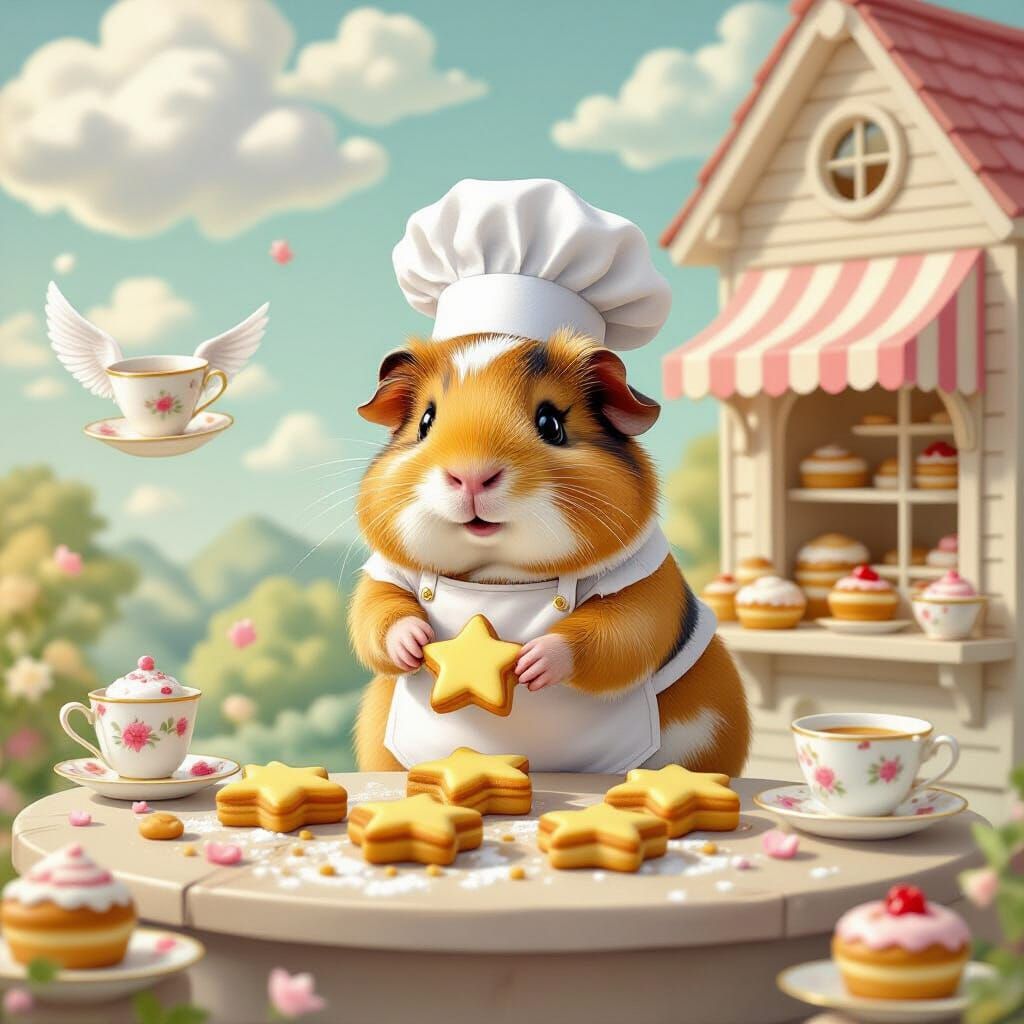 Whimsical Guinea Pig Chef in Cloud Bakery