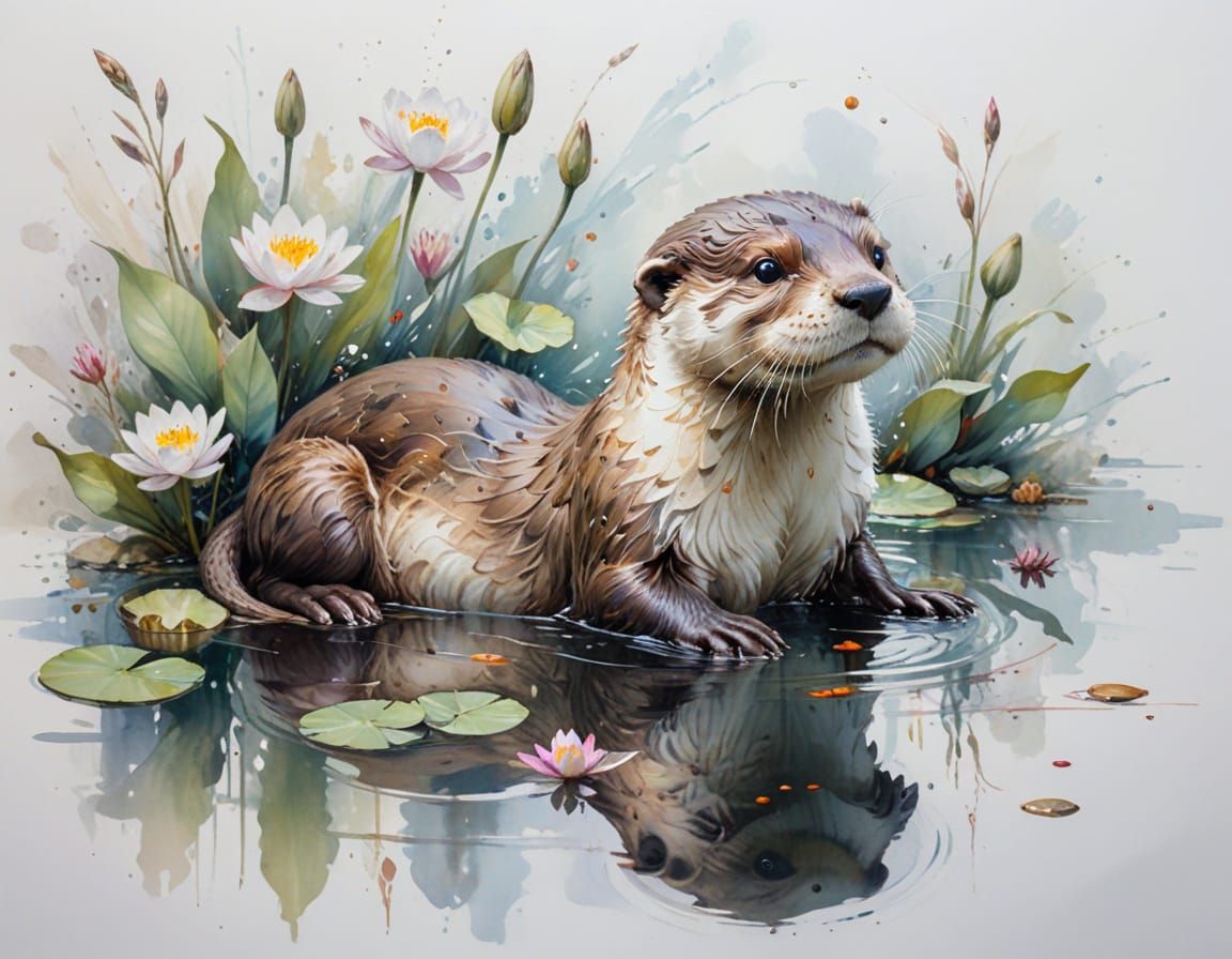 Otter Floats Holding Pebble Amidst Water Lilies