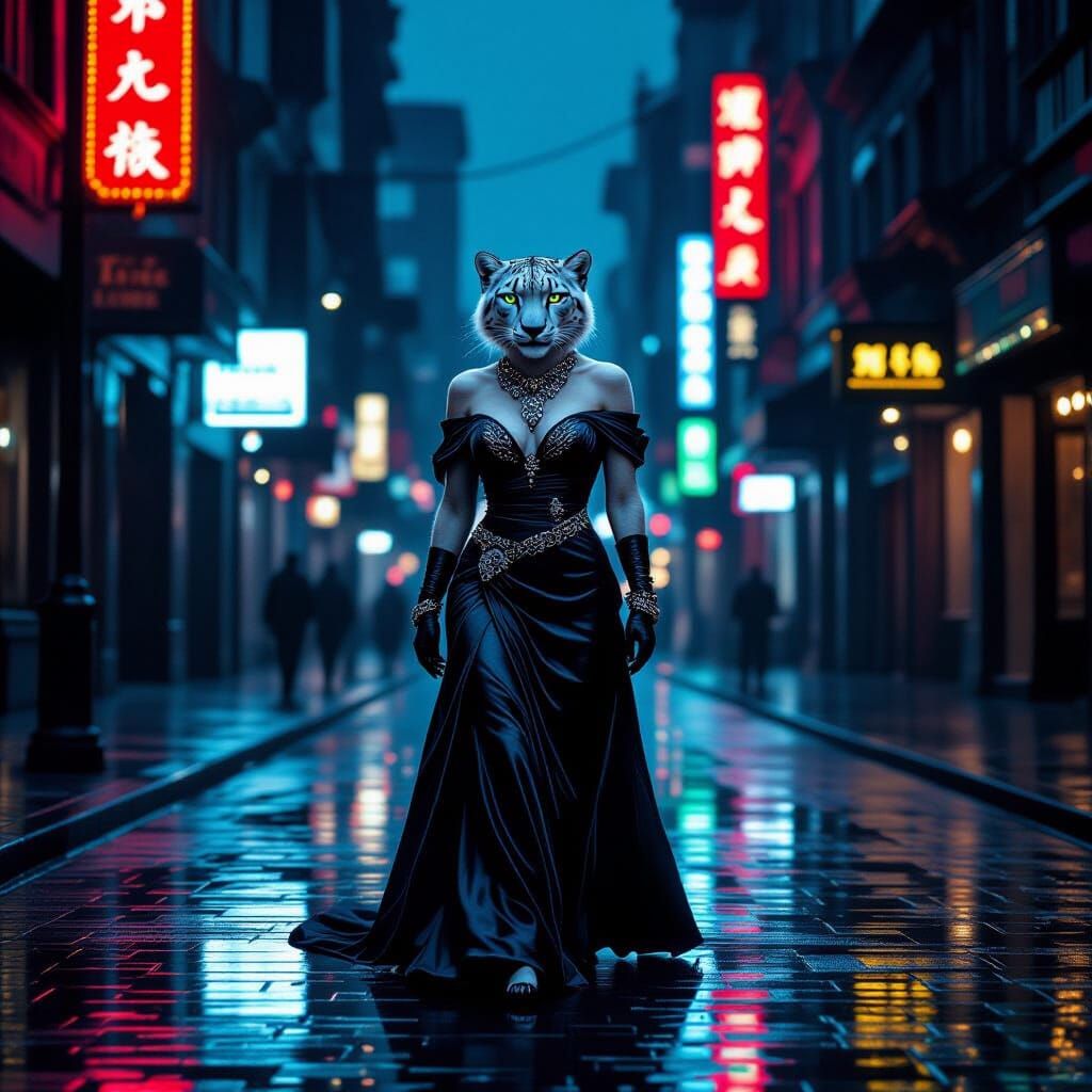 Art Deco Snow Leopard in Noir City at Midnight