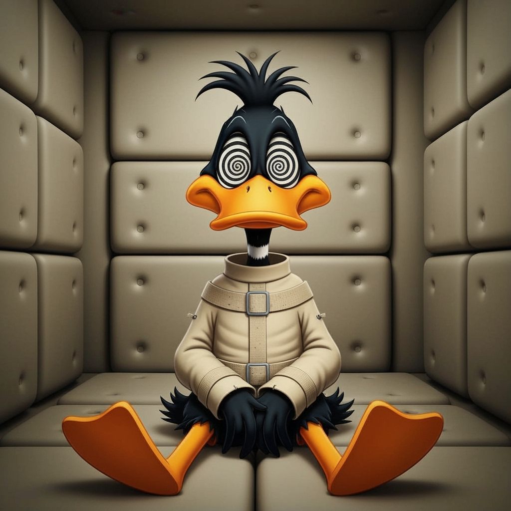 Cartoon Duck in Straitjacket with Hypnotic Eyes