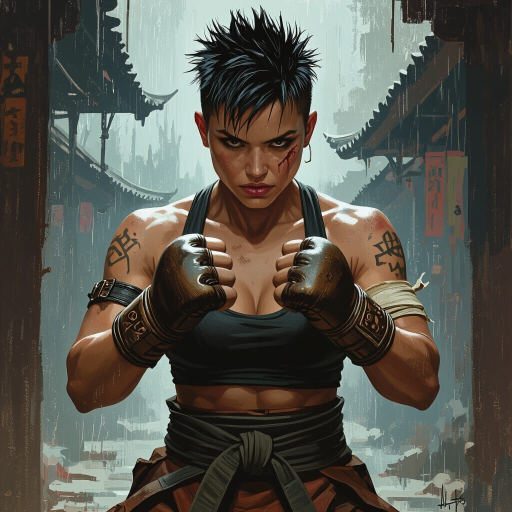 Fierce Female Monk in Muay Thai Stance