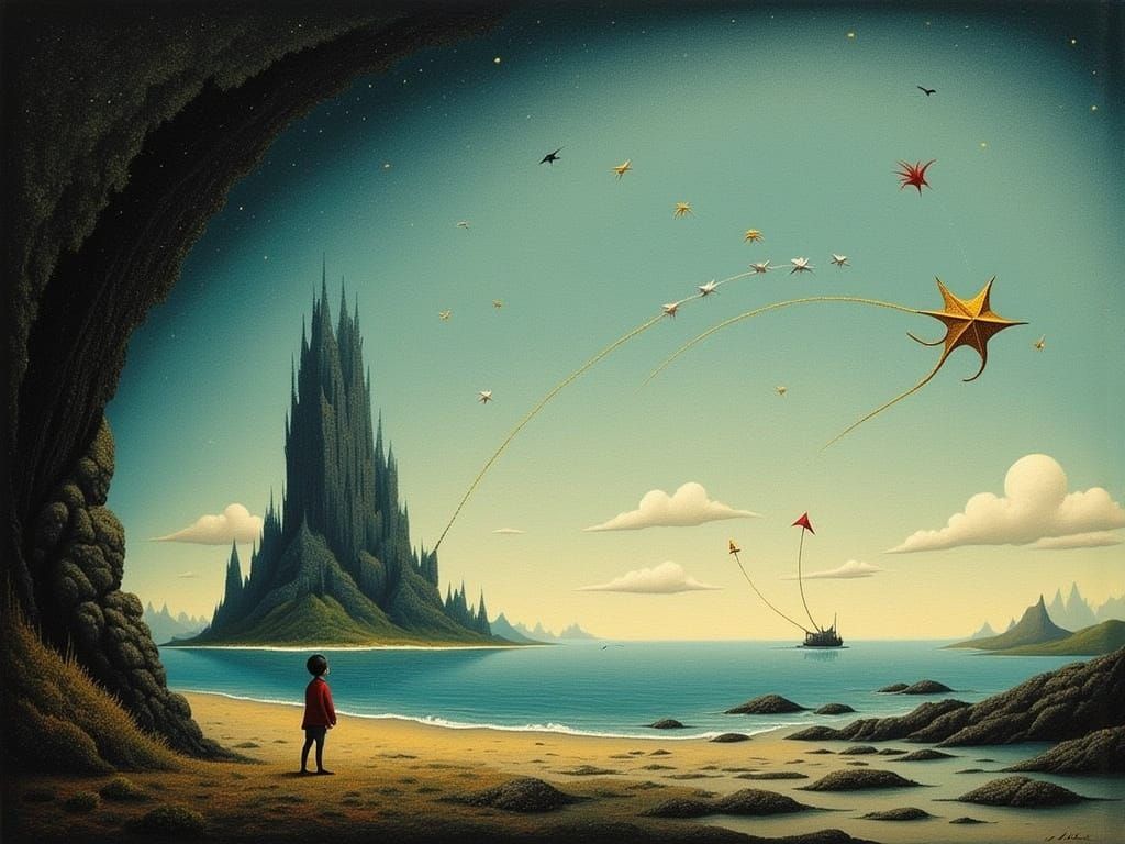 Childhood Nostalgia: Kite Flying by Seaside Cave