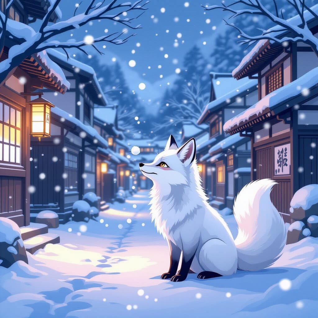 Snowy Fox in Japanese Village, Manga Style