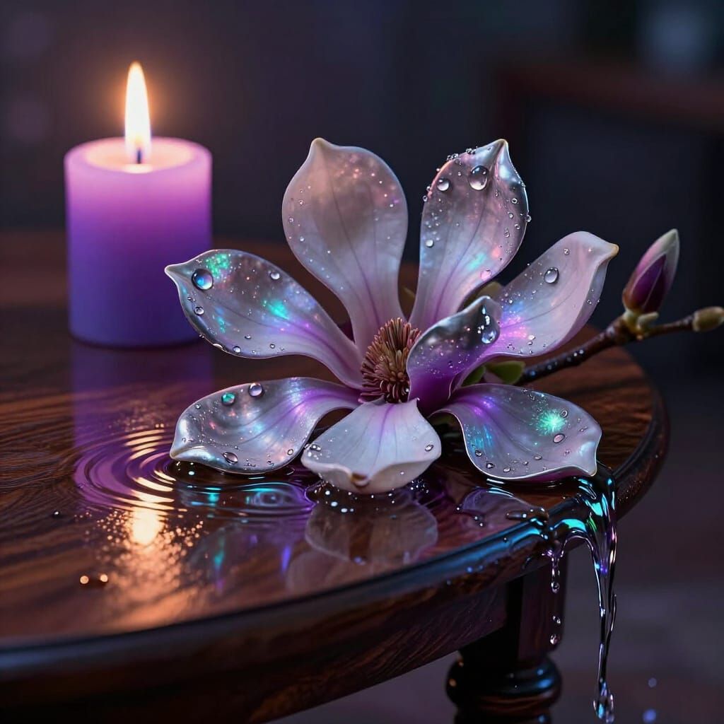 Steel Magnolia with Mercury Droplets on Hardwood Table