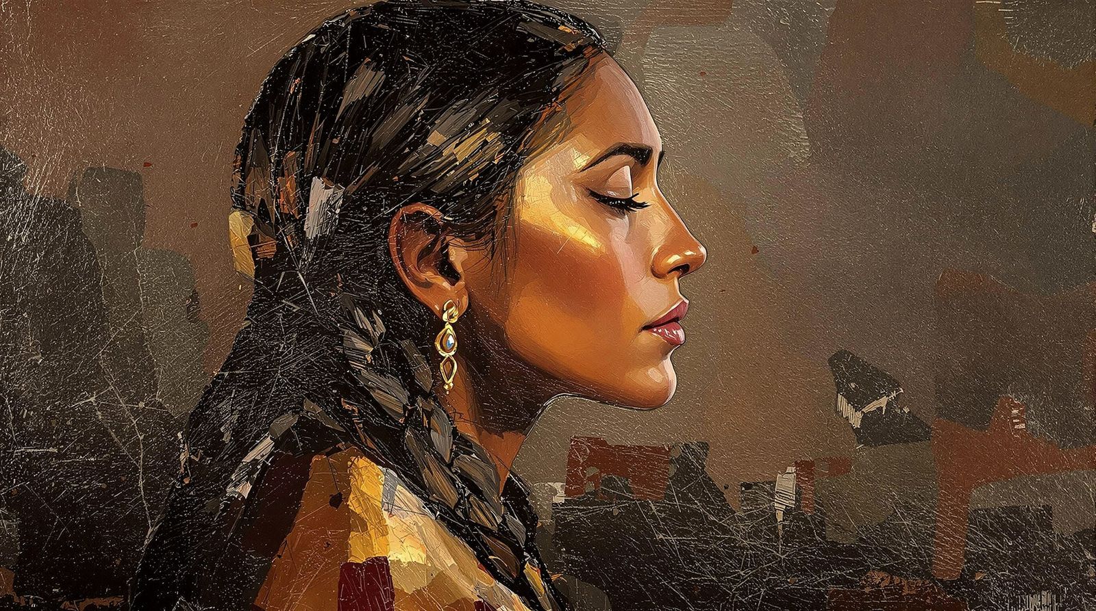 Native American Woman in Impasto Oil Painting