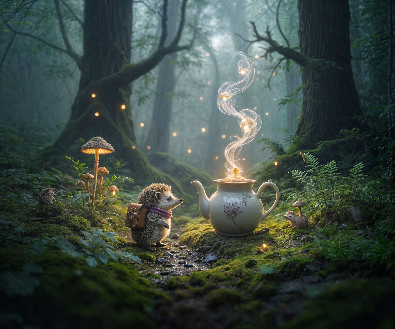 Hedgehog Explorer in Magical Forest with Glowing Teapot