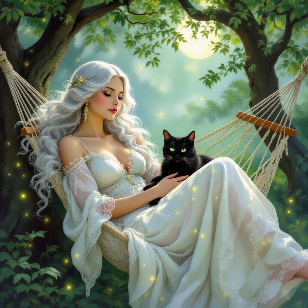 Serene Woman in Hammock, Pre-Raphaelite Art Nouveau