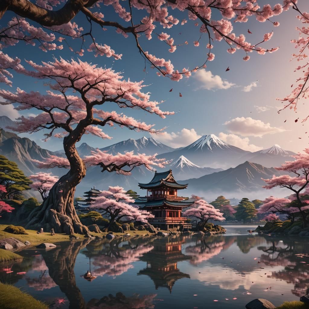 Ancient Sakura Tree Silhouetted Against a Serene Lake Landsc...