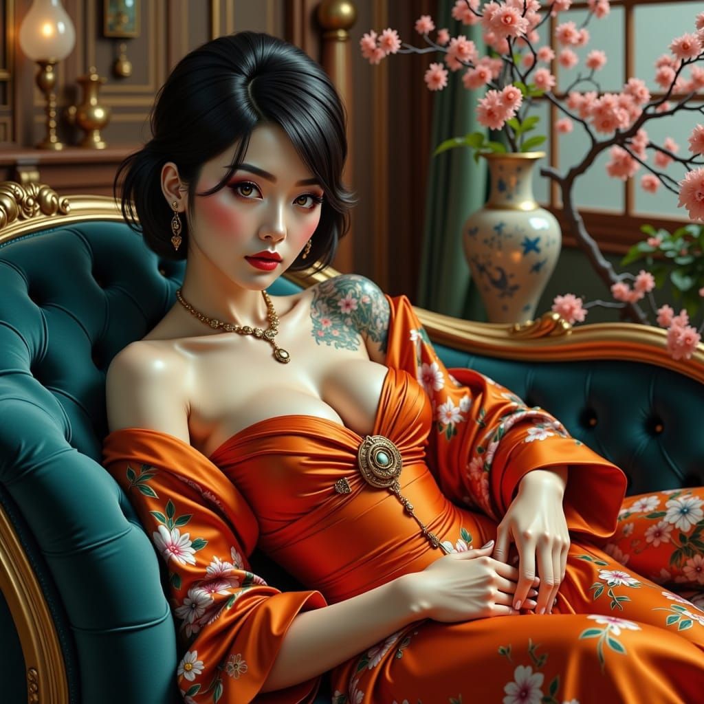 Japanese Garden Woman in Dreamlike Boudoir