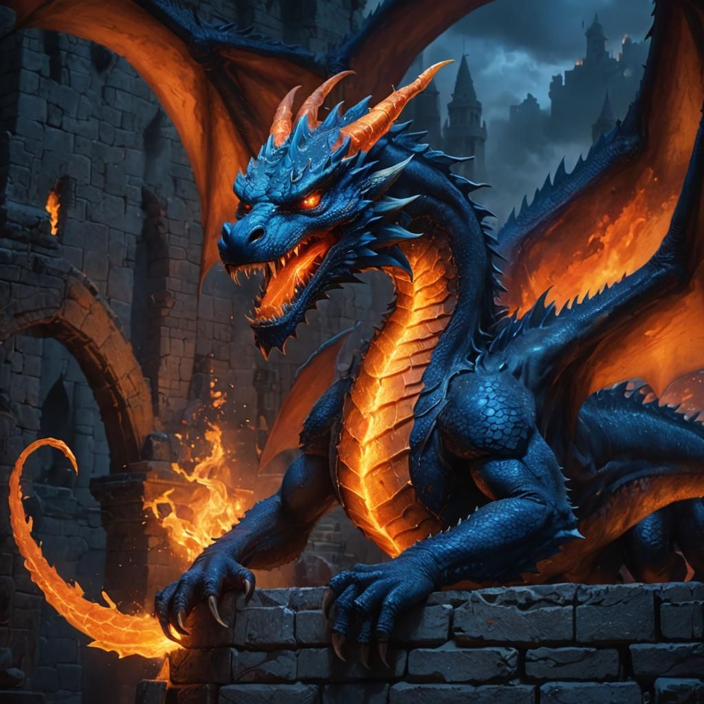 Blue Dragon Roaring Atop Castle Ruins
