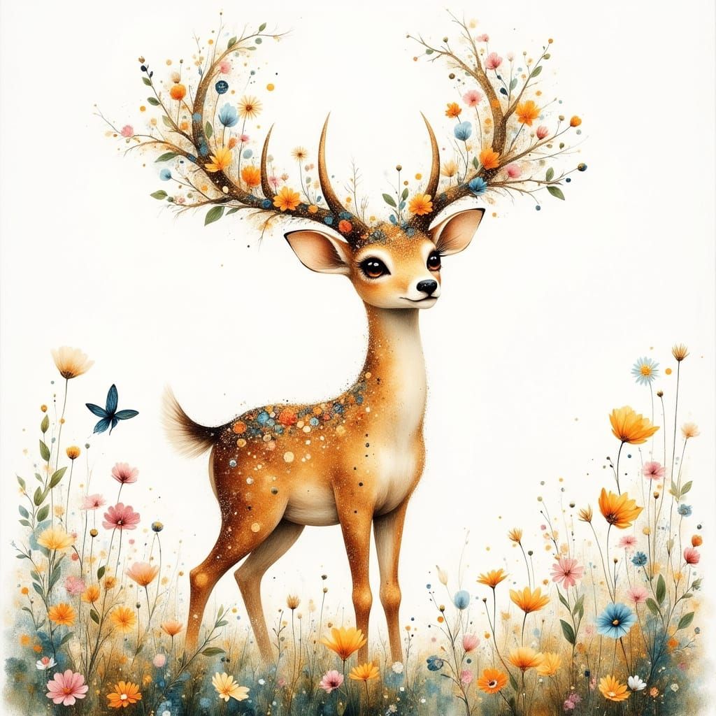 Magical Deer with Floral Antlers in Watercolor Meadow