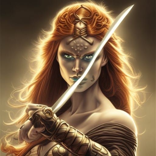 Gothic Barbarian Woman Warrior in Golden Field