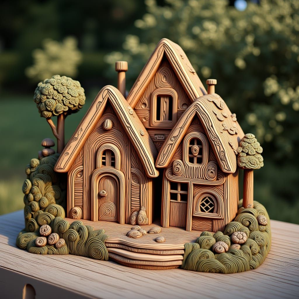 Charming Miniature Wooden Village in Garden Setting