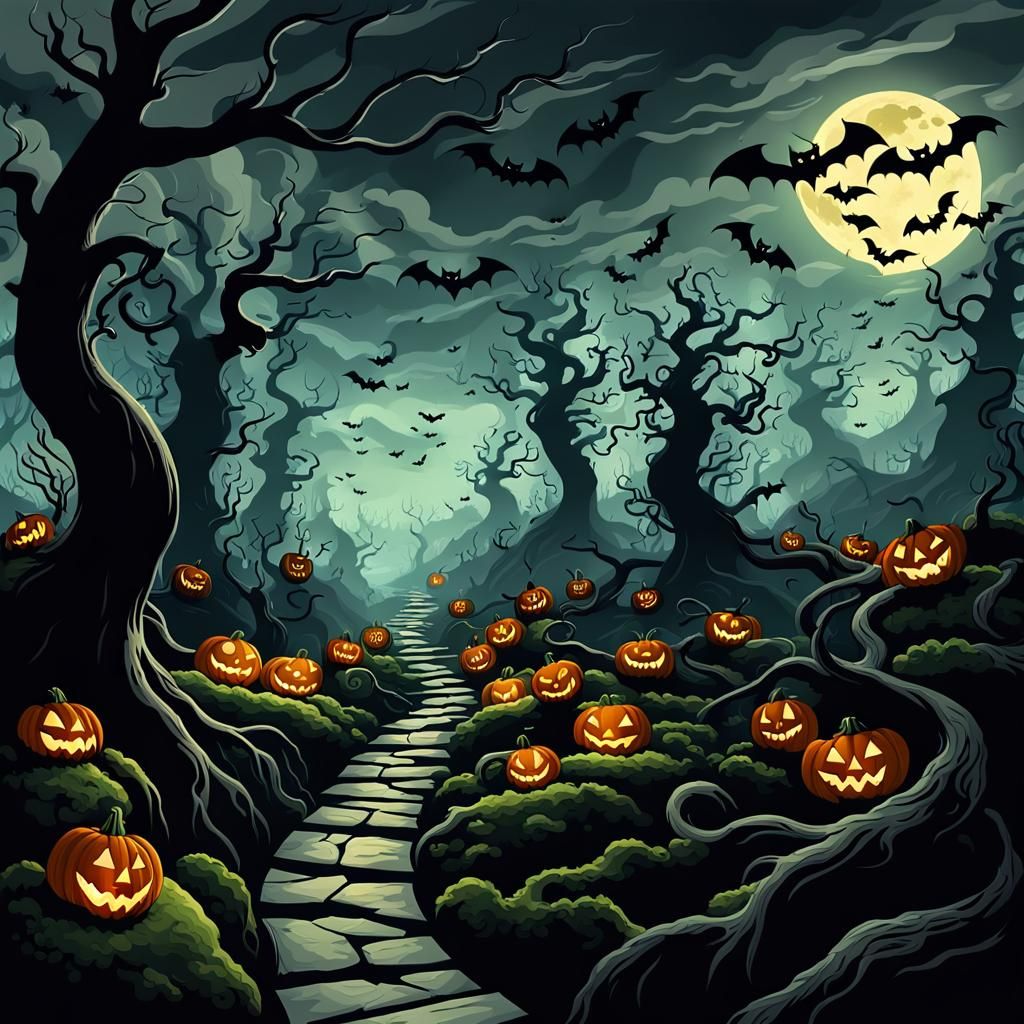 Eerie Path Through Dark Forest in Gothic Style