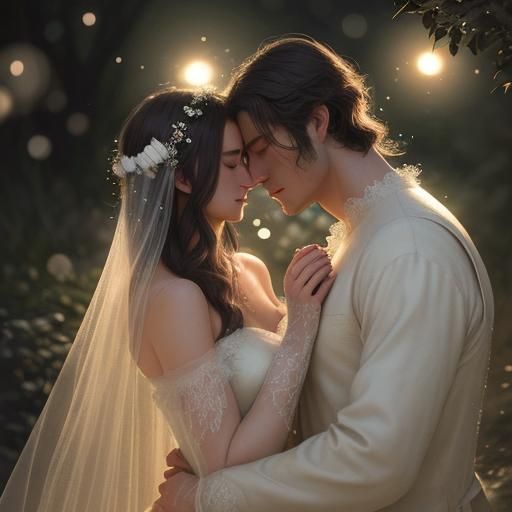 Hyperrealistic Couple Embracing Under Moonlight