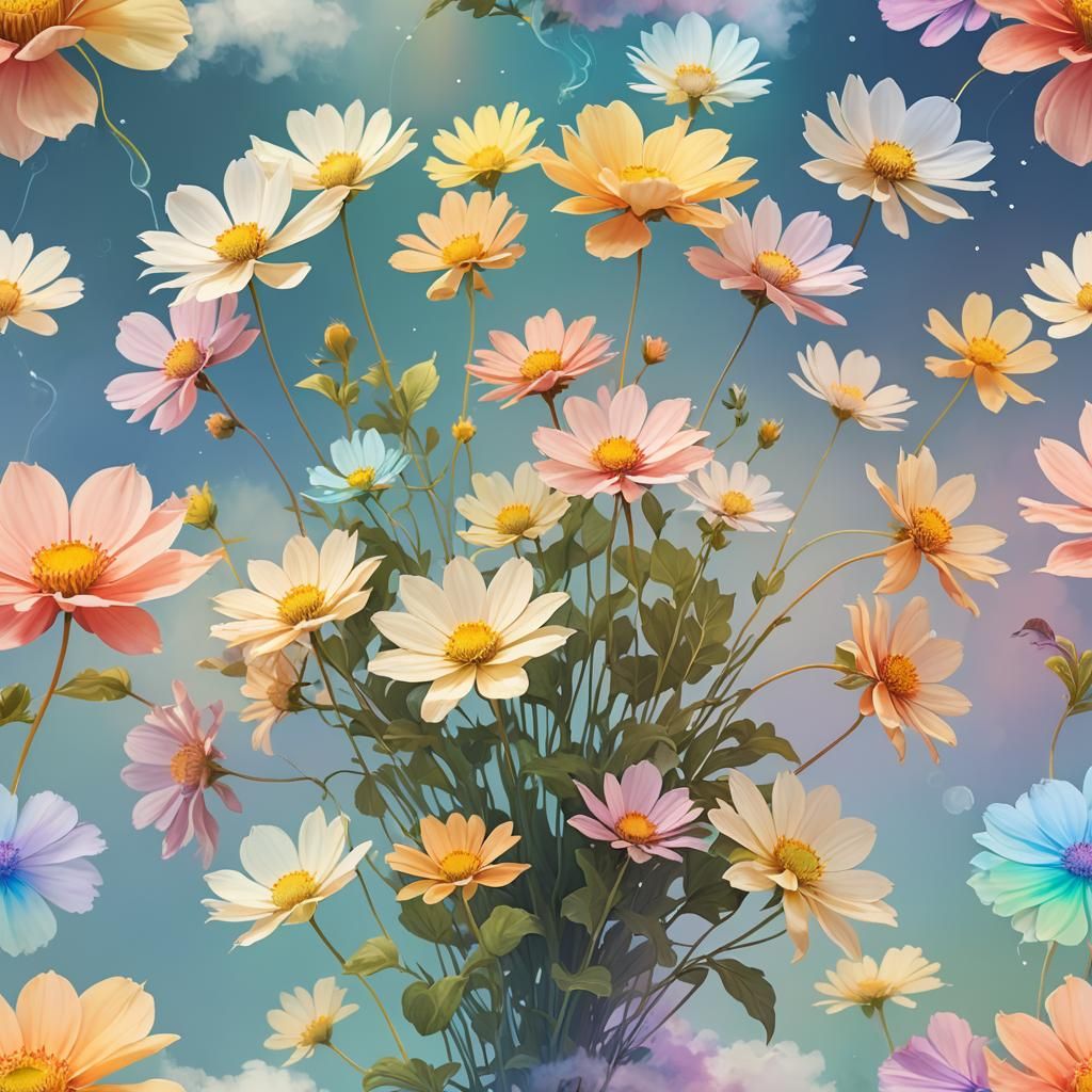 Rainbow Flower Blooms on Cloud in Digital Art