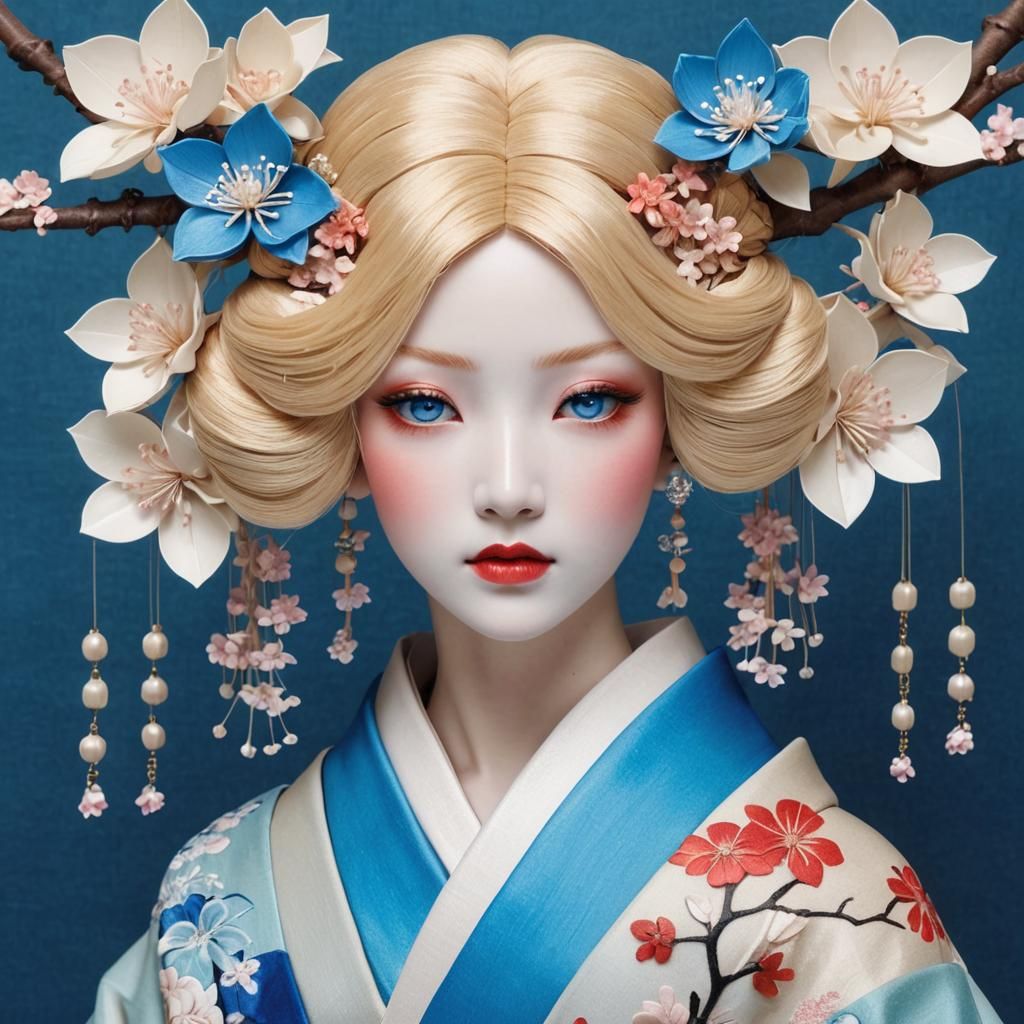 Japanese Girl with Cherry Blossom Kanzashi, Art Nouveau