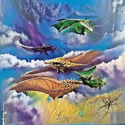 Dragons Fly in Fantasy Sky, Painted Sci-Fi Art