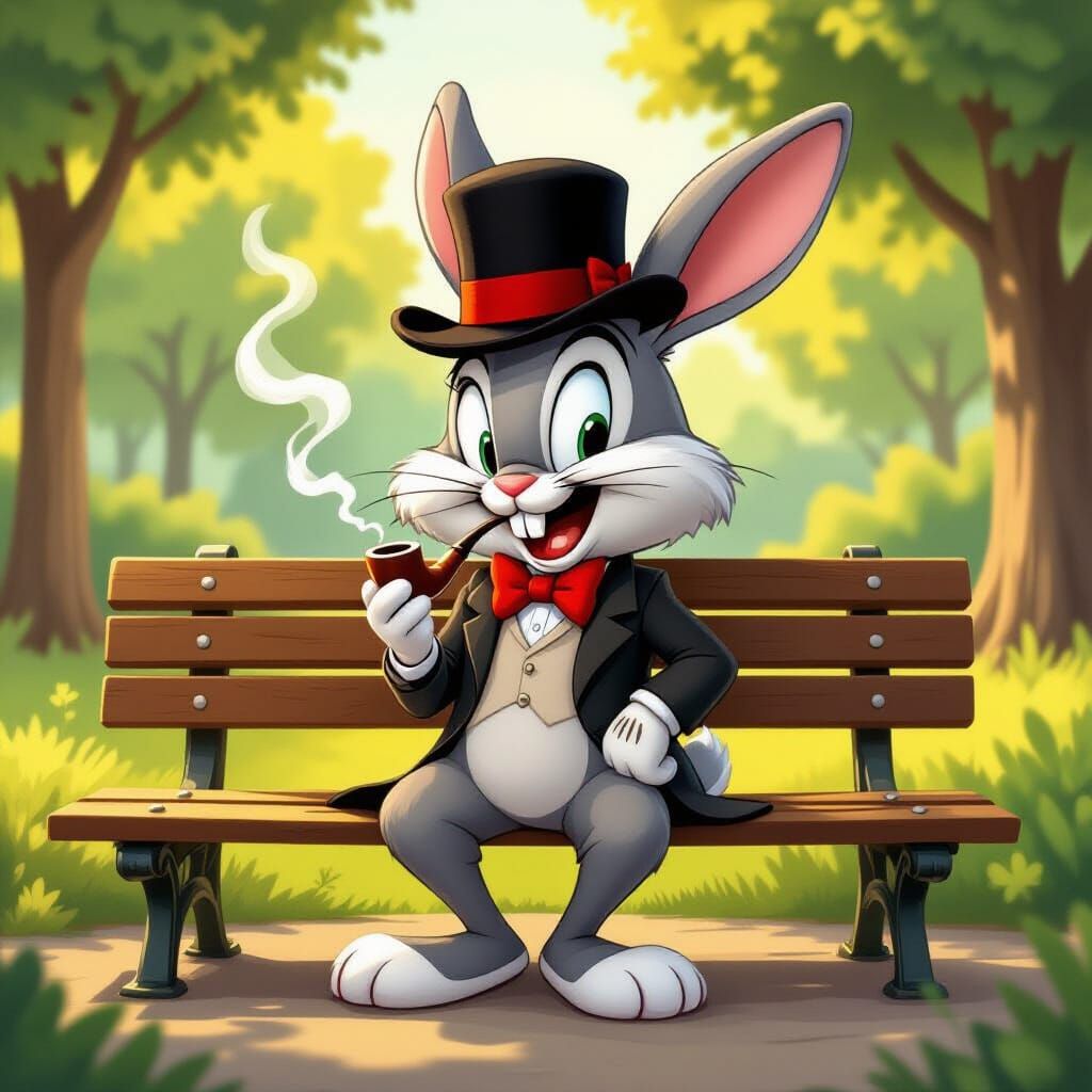Whimsical Rabbit in Bowler Hat Smoking Pipe