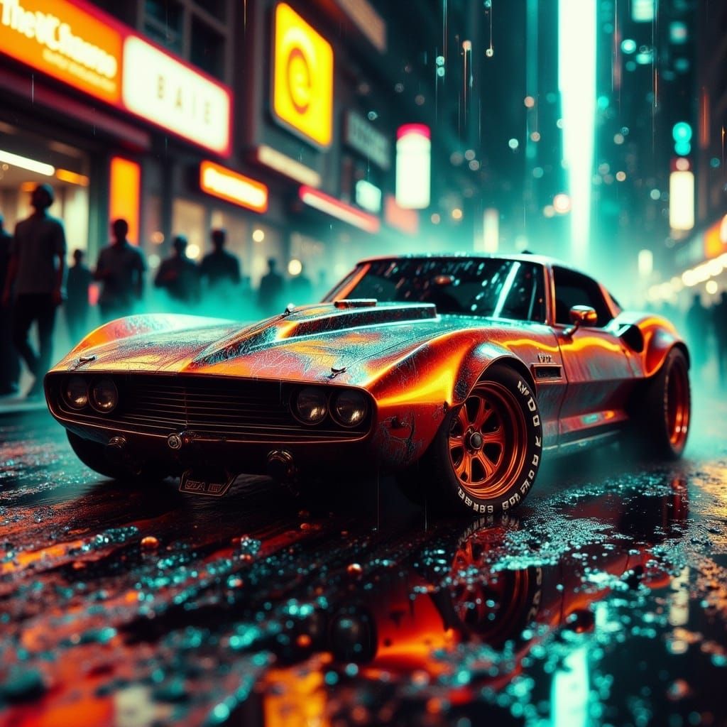 Cyberpunk Car in Dystopian Cityscape