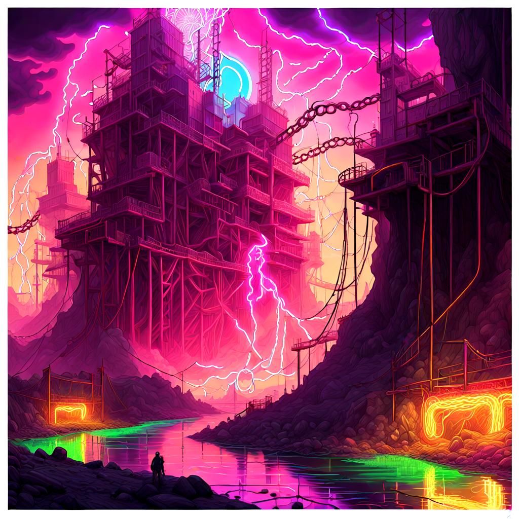Surreal Neon River Landscape in Maximalist Style