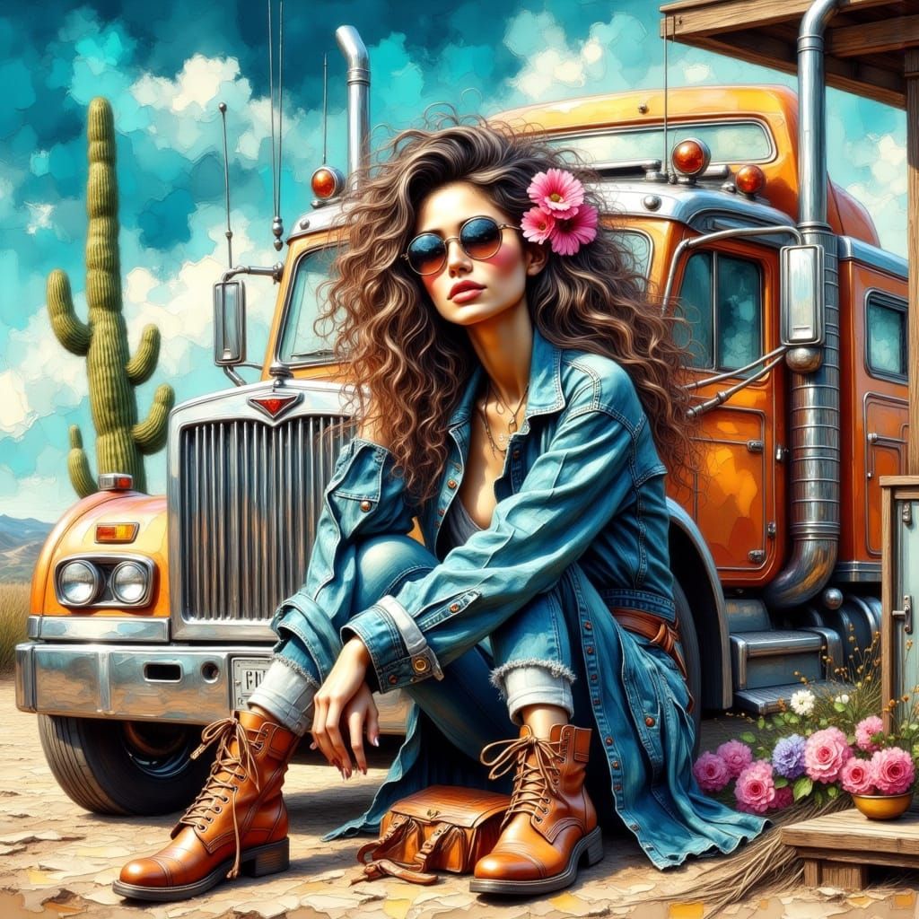 Female Trucker at Desert Gas Station in Retro-Futuristic Sty...