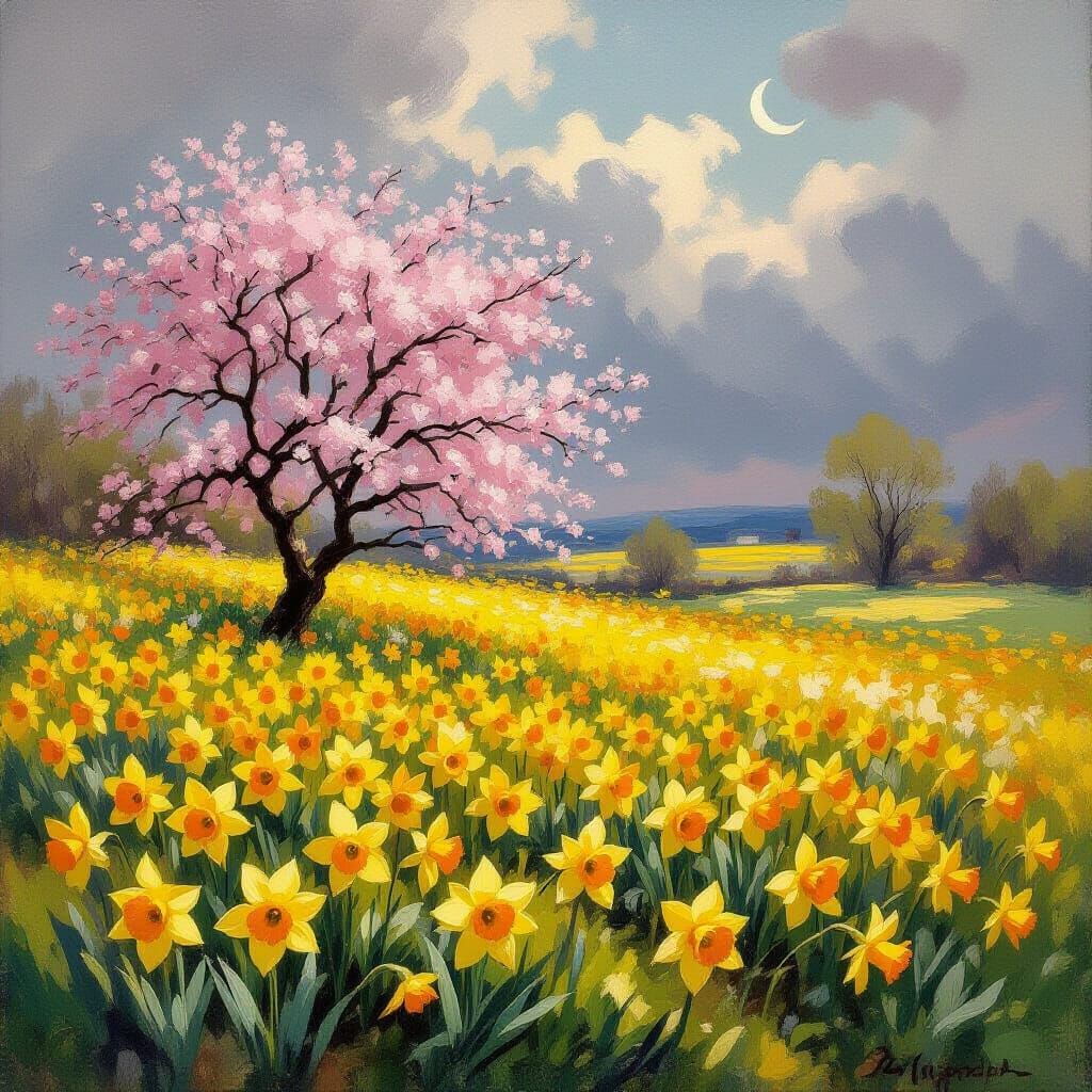 Daffodils and Cherry Blossom Under Dramatic Skies