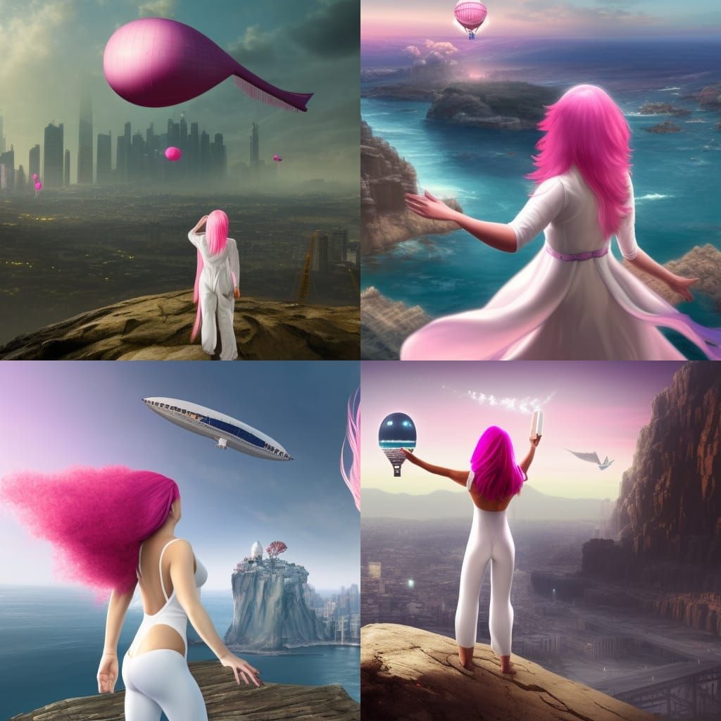 Woman with Pink Hair Walks Toward Distant City