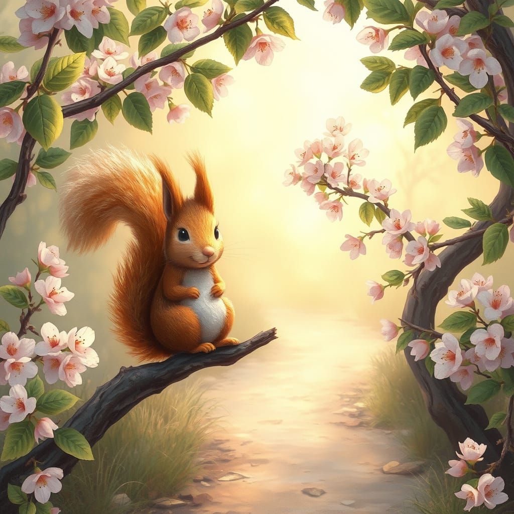 Surreal Squirrel in Vibrant Attire Amidst Pastel Blooms