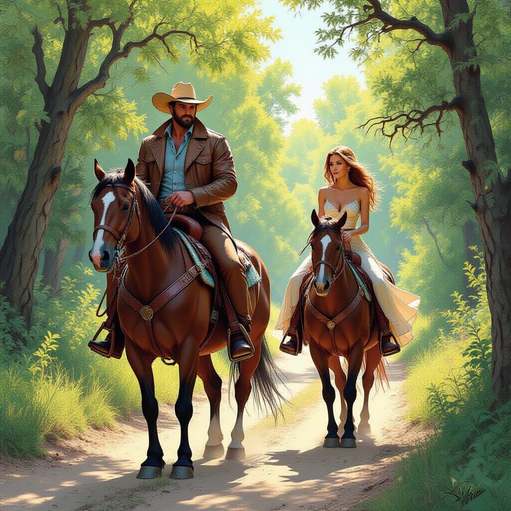 Cowboy and Woman Riding Horses on Nature Trail