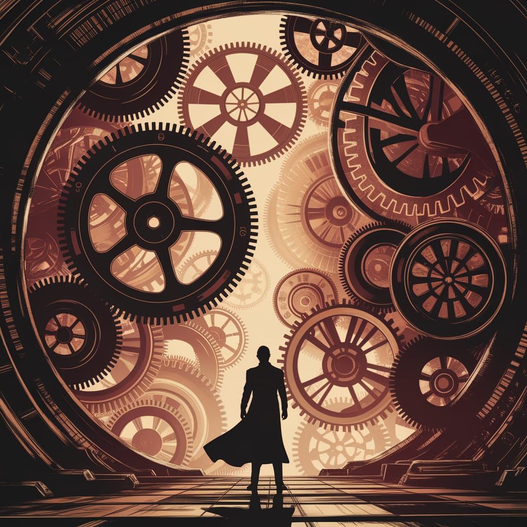 Steampunk Matrix Figure Amidst Clockwork Gears