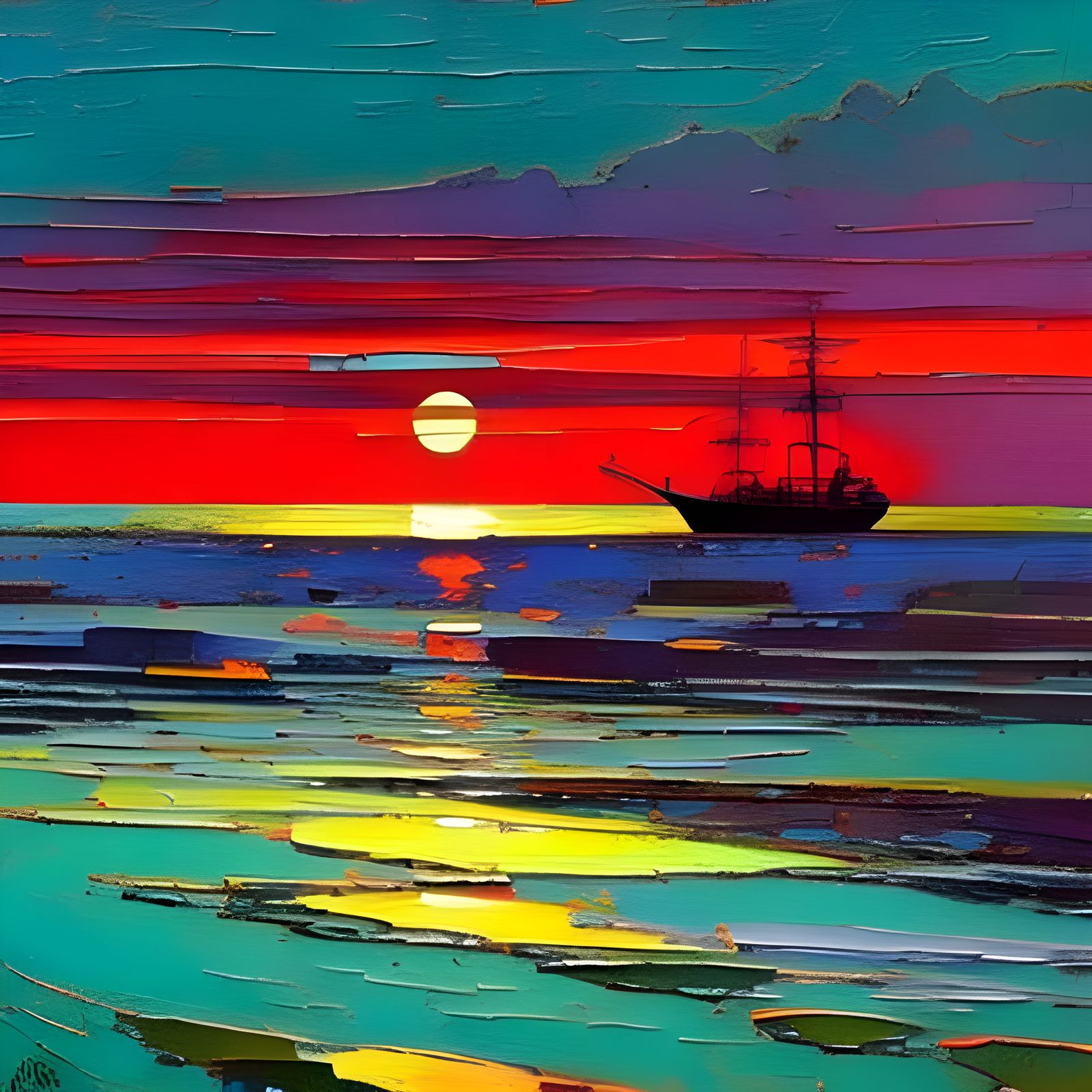 Moonlit Ship on Ocean, Impasto Style
