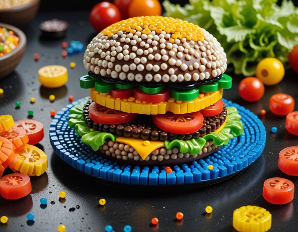 Hyperrealistic Perler Bead Burger on Wooden Tray
