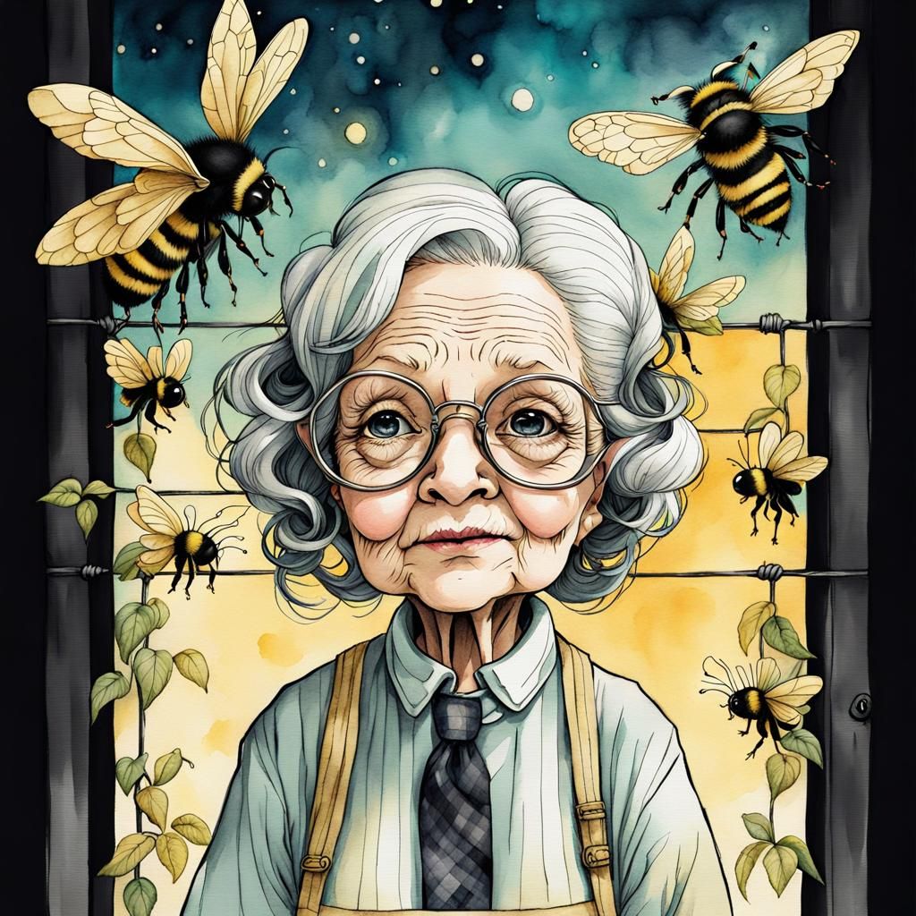 Chibi Granny's Bumblebee Encounter in Watercolor