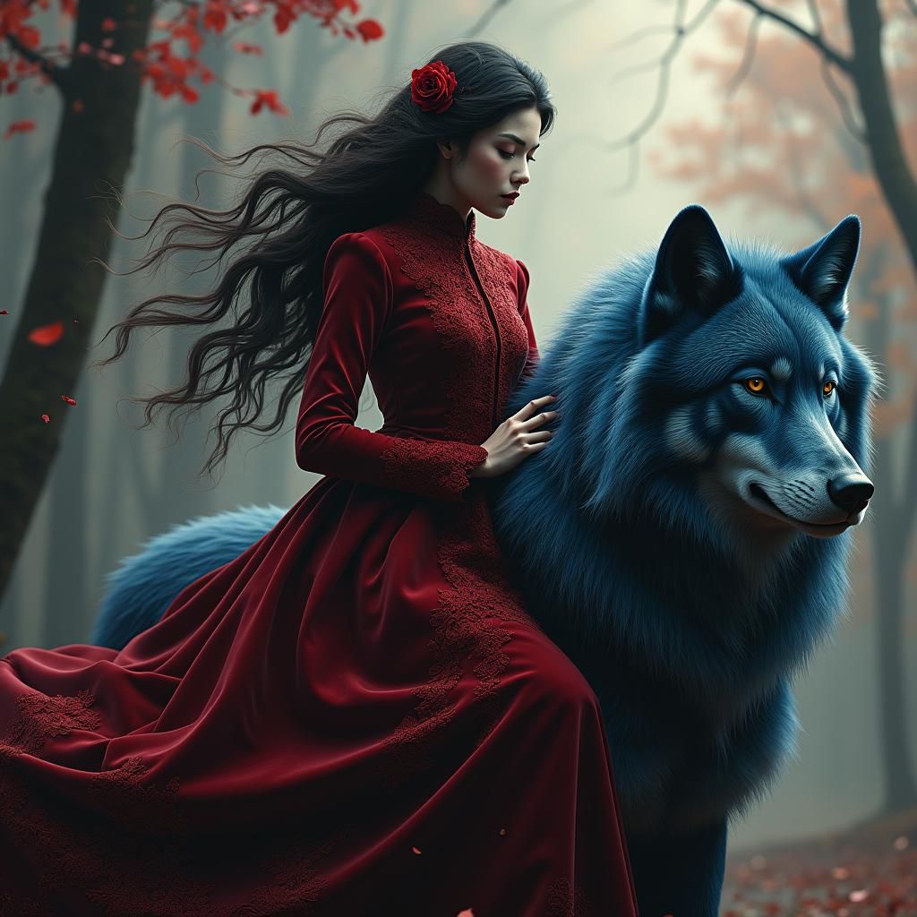 Woman on Blue Wolf in Dreamy Victorian Style