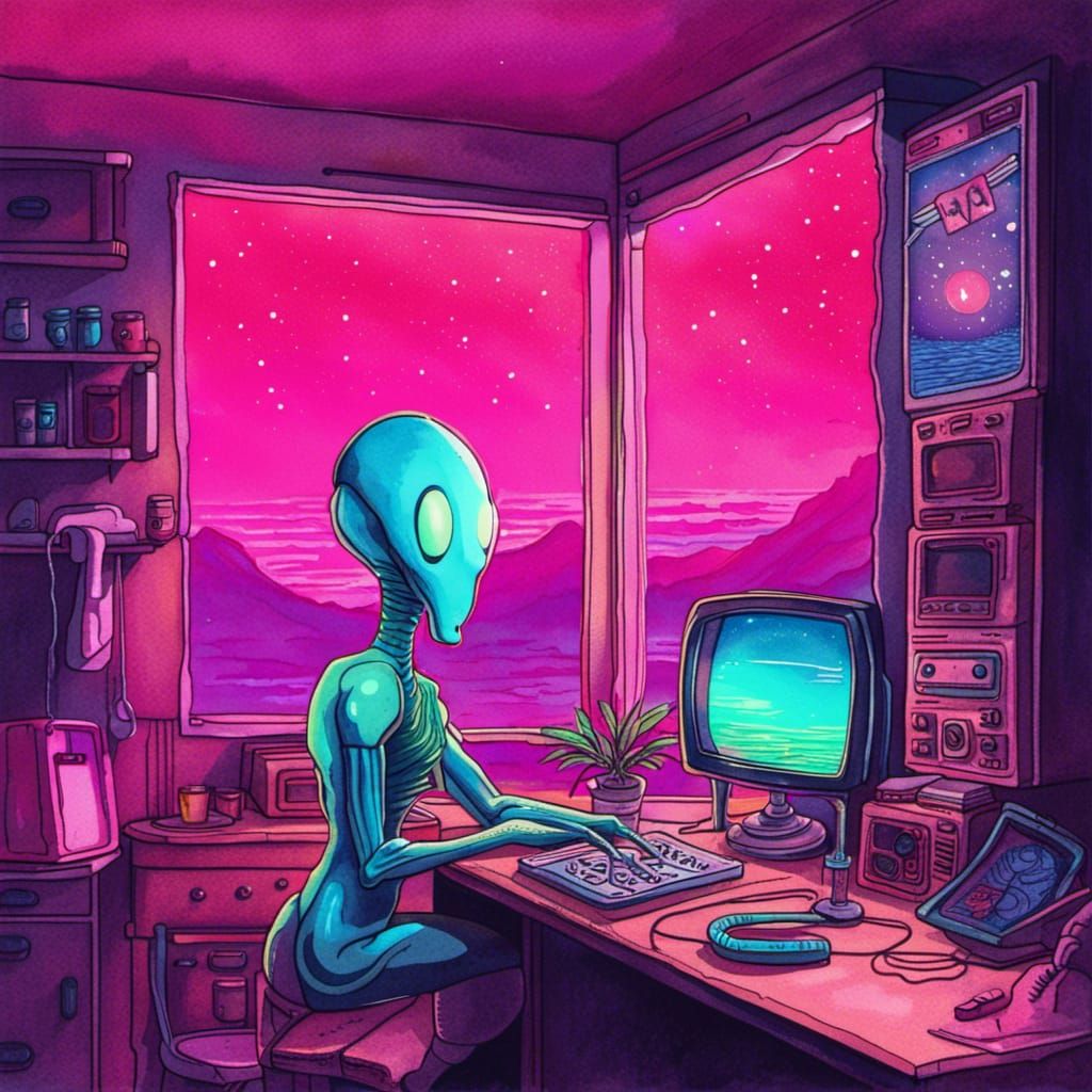 Alien Watching Mars Teaching Technology in Watercolor