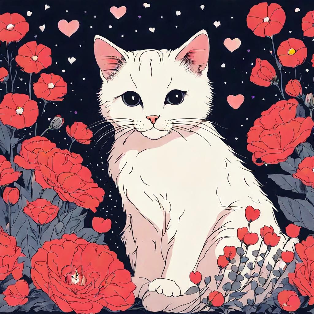Cat Surrounded by Flowers in Comic Book Style