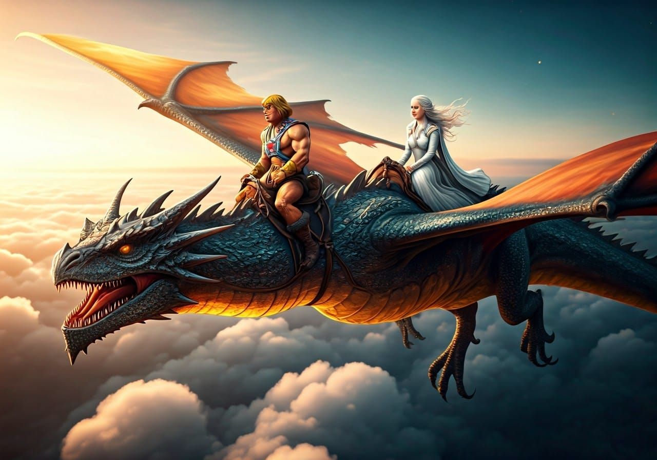 He-Man and Daenerys Ride Dragons in Art Nouveau Style