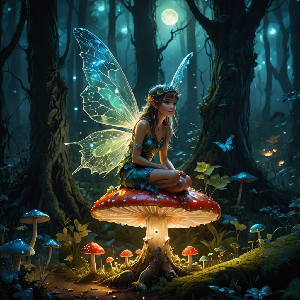 Fairy on Toadstool in Magical Forest