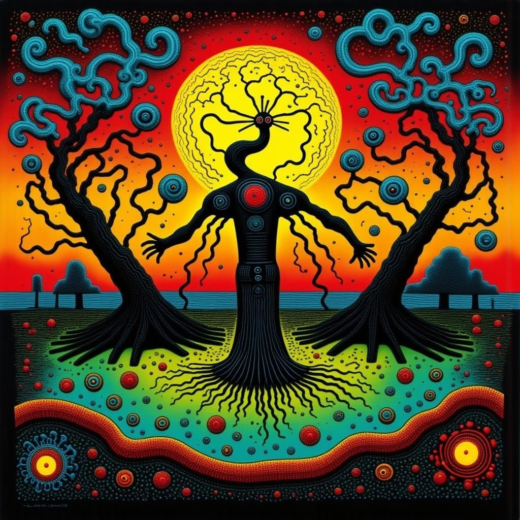 Peacock at Sunrise with Abstract Vector Fractal