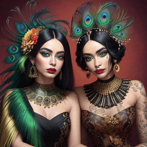 High-Fashion Portrait of Women with Peacock Feathers