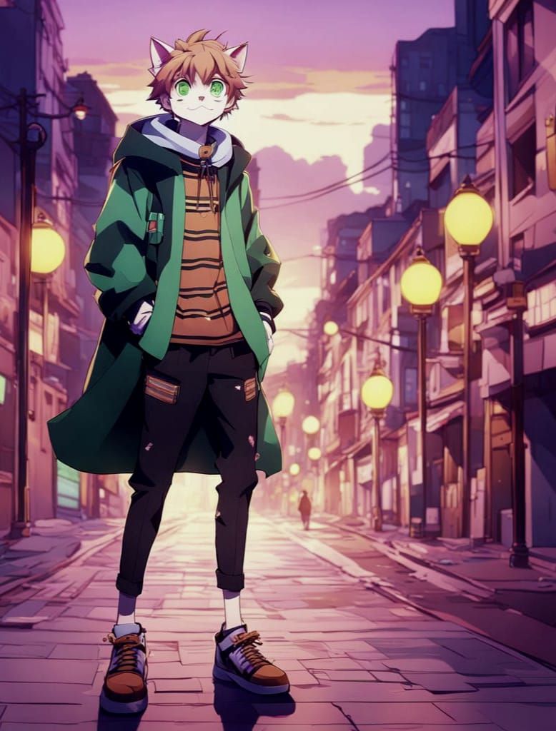 Calico Catboy in Anime-Inspired Street Scene