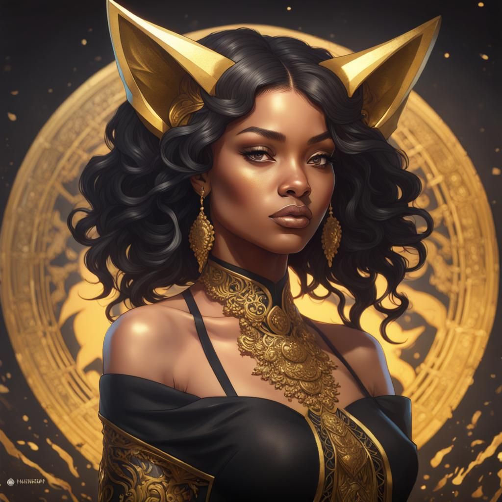 Kitsune Portrait in Gold and Black, Detailed Digital Art