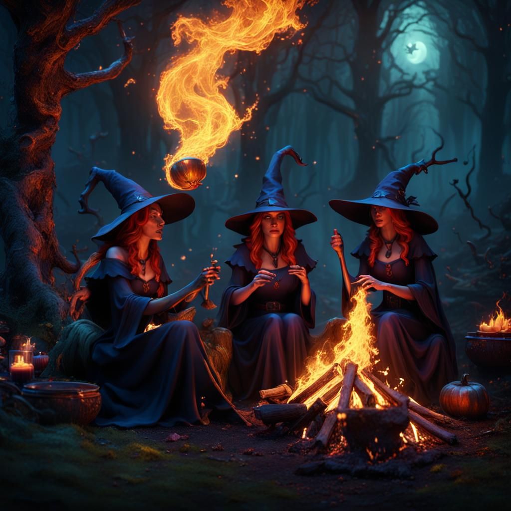 Witches Around Bonfire in Enchanted Forest