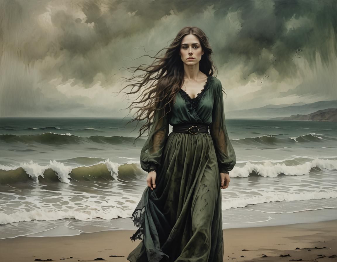 Ethereal Woman on Desolate Shore: Gothic Oil Painting
