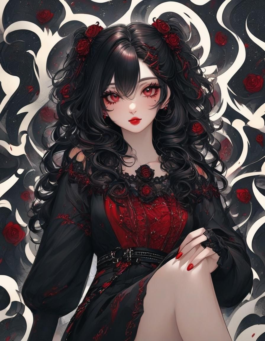 Cute Goth Girl with Roses Digital Illustration