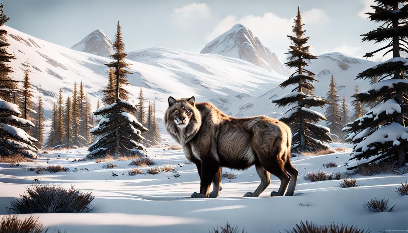 Hyperrealistic Ice Age Cat Hunting Caribou in Tundra